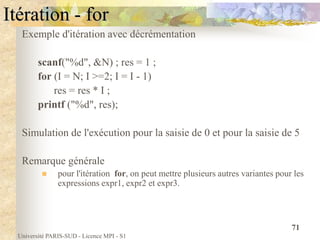 Université PARIS-SUD - Licence MPI - S1
71
Itération - for
Exemple d'itération avec décrémentation
scanf("%d", &N) ; res = 1 ;
for (I = N; I >=2; I = I - 1)
res = res * I ;
printf ("%d", res);
Simulation de l'exécution pour la saisie de 0 et pour la saisie de 5
Remarque générale
 pour l'itération for, on peut mettre plusieurs autres variantes pour les
expressions expr1, expr2 et expr3.
 