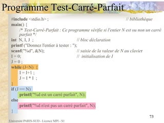 Université PARIS-SUD - Licence MPI - S1
73
Programme Test-Carré-Parfait
#include <stdio.h> ; // bibliothèque
main() {
/* Test-Carré-Parfait : Ce programme vérifie si l'entier N est ou non un carré
parfait */
int N, I, J ; // bloc déclaration
printf ("Donnez l'entier à tester : ");
scanf("%d", &N); // saisie de la valeur de N au clavier
I = 0; // initialisation de I
J = 0 ;
while (J<N) {
I = I+1 ;
J = I * I ;
}
if (J == N)
printf("%d est un carré parfait", N);
else
printf("%d n'est pas un carré parfait", N);
}
 