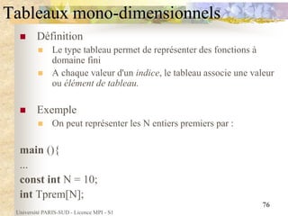 Université PARIS-SUD - Licence MPI - S1
76
Tableaux mono-dimensionnels
 Définition
 Le type tableau permet de représenter des fonctions à
domaine fini
 A chaque valeur d'un indice, le tableau associe une valeur
ou élément de tableau.
 Exemple
 On peut représenter les N entiers premiers par :
main (){
...
const int N = 10;
int Tprem[N];
 