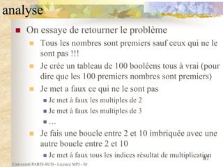Université PARIS-SUD - Licence MPI - S1
87
analyse
 On essaye de retourner le problème
 Tous les nombres sont premiers sauf ceux qui ne le
sont pas !!!
 Je crée un tableau de 100 booléens tous à vrai (pour
dire que les 100 premiers nombres sont premiers)
 Je met a faux ce qui ne le sont pas
 Je met à faux les multiples de 2
 Je met à faux les multiples de 3
 …
 Je fais une boucle entre 2 et 10 imbriquée avec une
autre boucle entre 2 et 10
 Je met à faux tous les indices résultat de multiplication
 