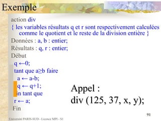 Université PARIS-SUD - Licence MPI - S1
91
Exemple
action div
{ les variables résultats q et r sont respectivement calculées
comme le quotient et le reste de la division entière }
Données : a, b : entier;
Résultats : q, r : entier;
Début
q ←0;
tant que a≥b faire
a ← a-b;
q ← q+1;
fin tant que
r ← a;
Fin
Appel :
div (125, 37, x, y);
 