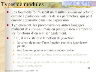 Université PARIS-SUD - Licence MPI - S1
95
Types de modules
 Les fonctions fournissent un résultat (valeur de retour),
calculé à partir des valeurs de ses paramètres, qui peut
ensuite apparaître dans une expression.
 Typiquement, les procédures des autres langages
réalisent des actions, mais en pratique rien n’empêche
les fonctions d’en réaliser également.
 En C, il n’existe que la notion de fonction:
 la valeur de retour d’une fonction peut être ignorée (ex:
printf)
 une fonction peut ne retourner aucune valeur
 une fonction peut retourner une valeur non scalaire (ex:
structures)
 une fonction peut modifier (indirectement) les valeurs de
certains paramètres
 