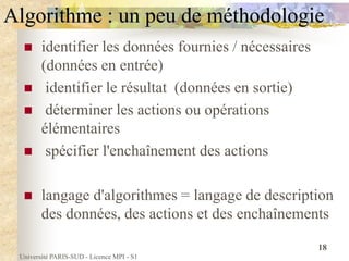 Université PARIS-SUD - Licence MPI - S1
18
Algorithme : un peu de méthodologie
 identifier les données fournies / nécessa...