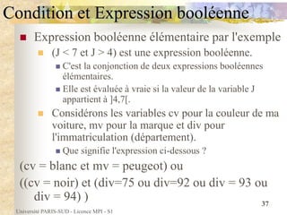 Université PARIS-SUD - Licence MPI - S1
37
Condition et Expression booléenne
 Expression booléenne élémentaire par l'exem...