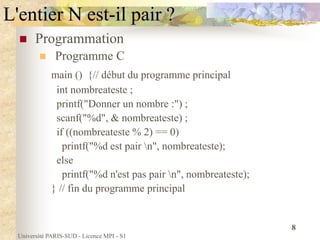 Université PARIS-SUD - Licence MPI - S1
8
 Programmation
 Programme C
main () {// début du programme principal
int nombr...