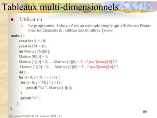 Université PARIS-SUD - Licence MPI - S1
85
Tableaux multi-dimensionnels
 Utilisation
 Le programme Tableau2 est un exemp...