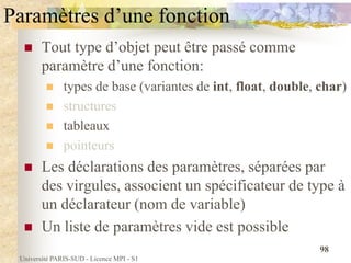 Université PARIS-SUD - Licence MPI - S1
98
Paramètres d’une fonction
 Tout type d’objet peut être passé comme
paramètre d...