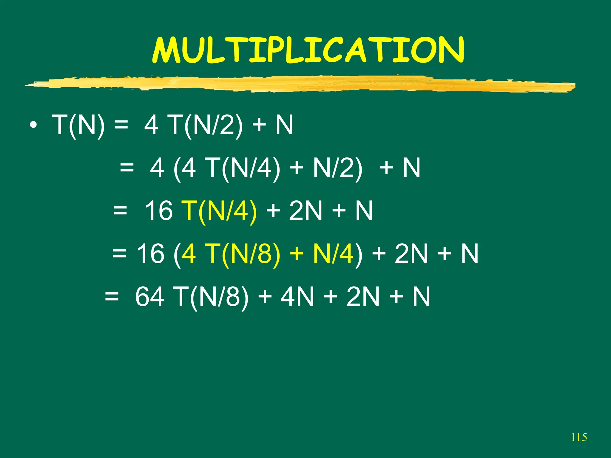 115
MULTIPLICATION
• T(N) = 4 T(N/2) + N
= 4 (4 T(N/4) + N/2) + N
= 16 T(N/4) + 2N + N
= 16 (4 T(N/8) + N/4) + 2N + N
= 64 T(N/8) + 4N + 2N + N
 