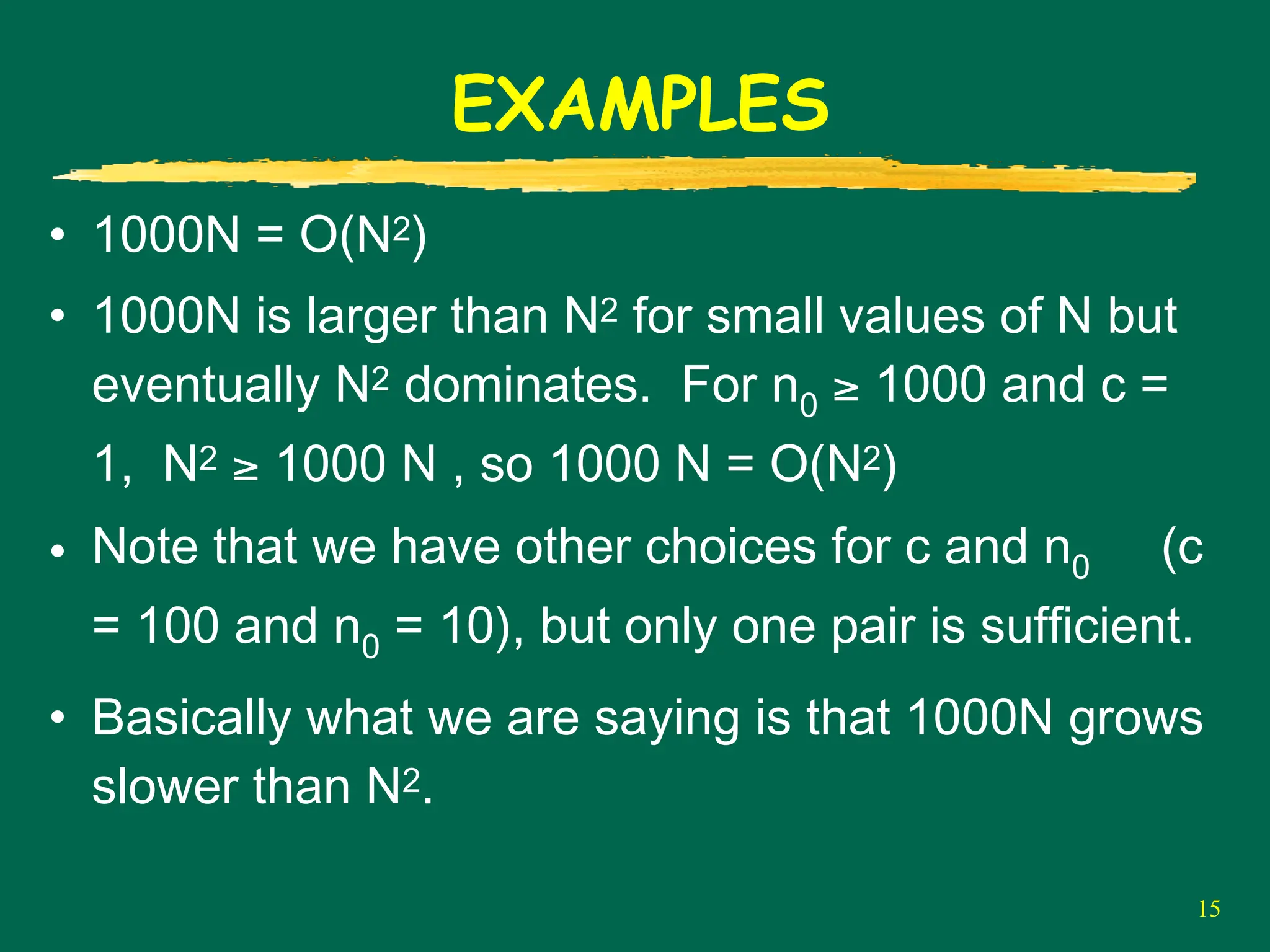 15
EXAMPLES
• 1000N = O(N2)
• 1000N is larger than N2 for small values of N but
eventually N2 dominates. For n0 ≥ 1000 and c =
1, N2 ≥ 1000 N , so 1000 N = O(N2)
• Note that we have other choices for c and n0 (c
= 100 and n0 = 10), but only one pair is sufficient.
• Basically what we are saying is that 1000N grows
slower than N2.
 