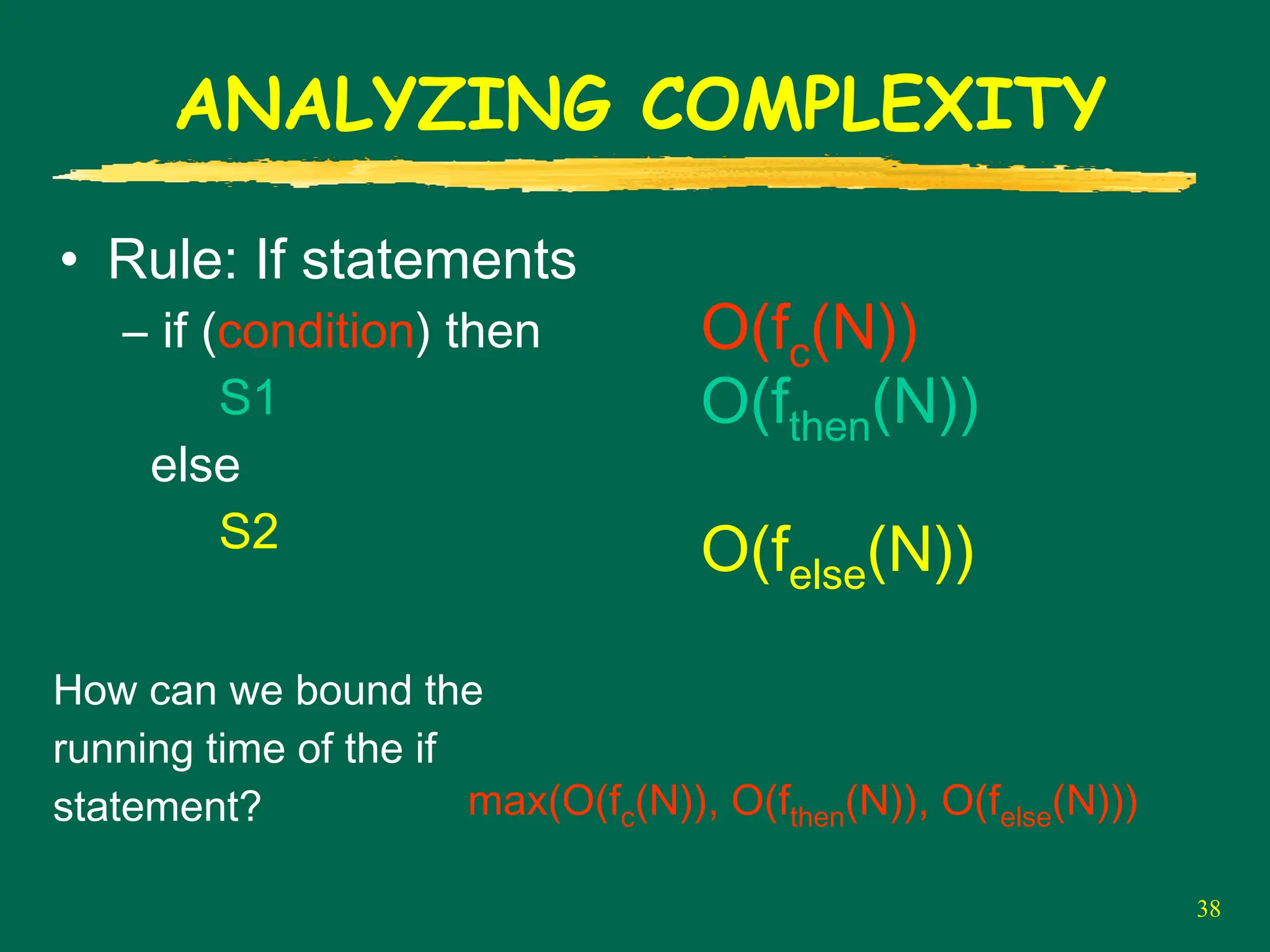 38
ANALYZING COMPLEXITY
• Rule: If statements
– if (condition) then
S1
else
S2
O(fc(N))
O(fthen(N))
O(felse(N))
How can we bound the
running time of the if
statement? max(O(fc(N)), O(fthen(N)), O(felse(N)))
 