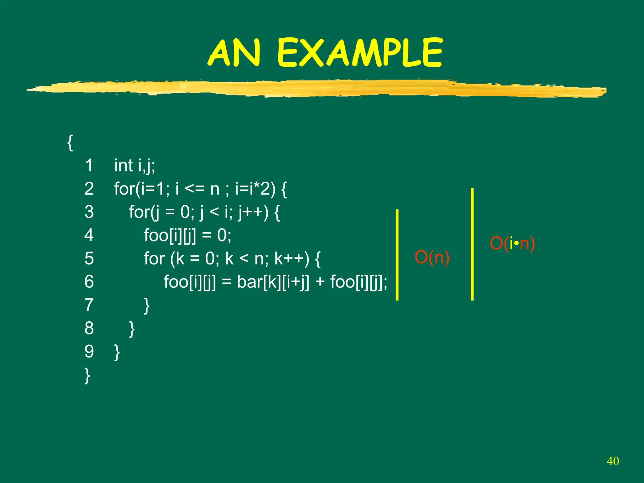 40
AN EXAMPLE
{
1 int i,j;
2 for(i=1; i <= n ; i=i*2) {
3 for(j = 0; j < i; j++) {
4 foo[i][j] = 0;
5 for (k = 0; k < n; k++) {
6 foo[i][j] = bar[k][i+j] + foo[i][j];
7 }
8 }
9 }
}
O(n)
O(i•n)
 