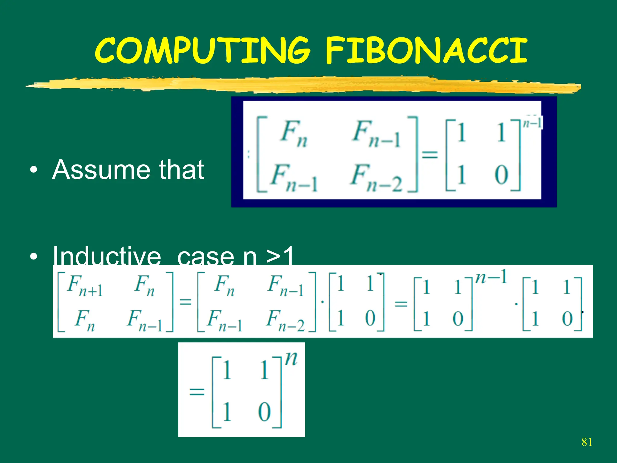 COMPUTING FIBONACCI
81
• Assume that
• Inductive case n >1
 
