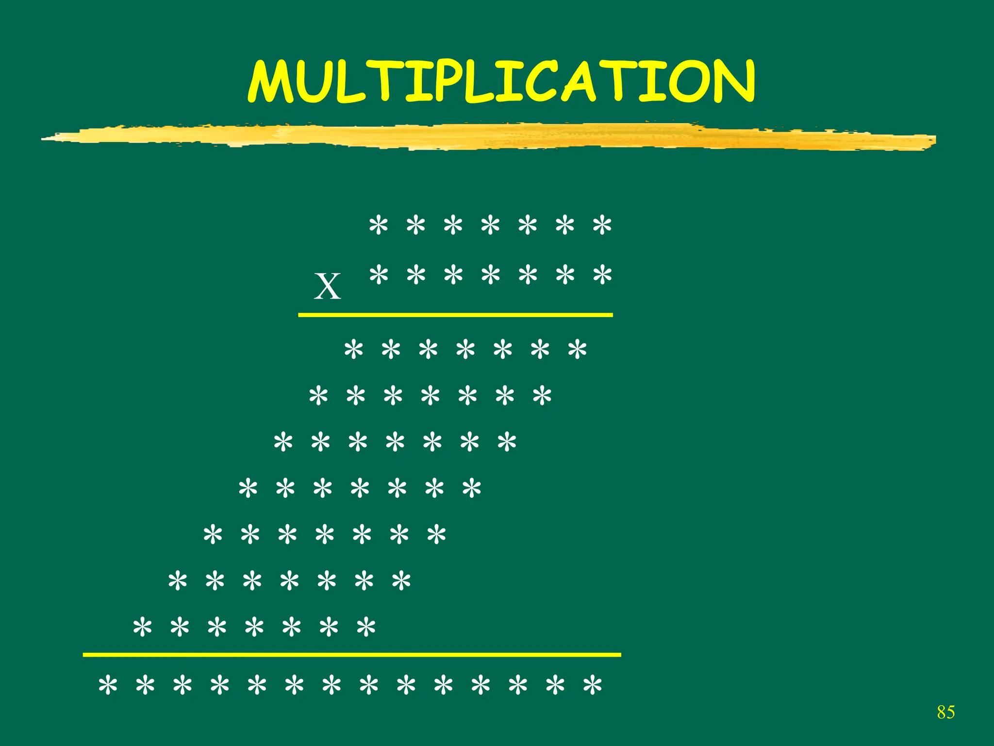 85
MULTIPLICATION
X * * * * * * *
* * * * * * *
* * * * * * *
* * * * * * *
* * * * * * *
* * * * * * *
* * * * * * *
* * * * * * *
* * * * * * *
* * * * * * * * * * * * * *
 