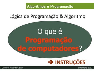 Lógica de Programação & Algoritmo
O que é
Programação
de computadores?
 INSTRUÇÕES
Algoritmos e Programação
Docente Ricardo Castro setembro 2022
 