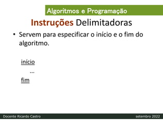 Instruções Delimitadoras
• Servem para especificar o início e o fim do
algoritmo.
início
...
fim
Algoritmos e Programação
Docente Ricardo Castro setembro 2022
 