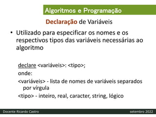 Declaração de Variáveis
• Utilizado para especificar os nomes e os
respectivos tipos das variáveis necessárias ao
algoritmo
declare <variáveis>: <tipo>;
onde:
<variáveis> - lista de nomes de variáveis separados
por vírgula
<tipo> - inteiro, real, caracter, string, lógico
Algoritmos e Programação
Docente Ricardo Castro setembro 2022
 