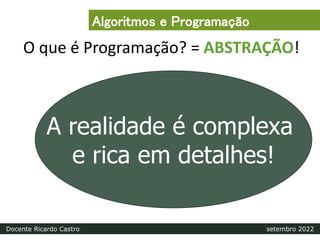 O que é Programação? = ABSTRAÇÃO!
A realidade é complexa
e rica em detalhes!
Algoritmos e Programação
Docente Ricardo Castro setembro 2022
 