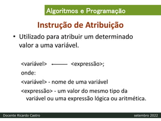 Instrução de Atribuição
• Utilizado para atribuir um determinado
valor a uma variável.
<variável> <expressão>;
onde:
<variável> - nome de uma variável
<expressão> - um valor do mesmo tipo da
variável ou uma expressão lógica ou aritmética.
Algoritmos e Programação
Docente Ricardo Castro setembro 2022
 