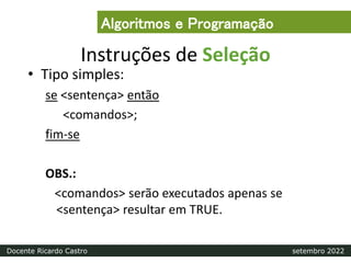 Instruções de Seleção
• Tipo simples:
se <sentença> então
<comandos>;
fim-se
OBS.:
<comandos> serão executados apenas se
<sentença> resultar em TRUE.
Algoritmos e Programação
Docente Ricardo Castro setembro 2022
 