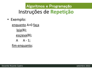 Instruções de Repetição
• Exemplo:
enquanto A>0 faça
leia(B);
escreva(B);
A A - 1;
fim-enquanto;
Algoritmos e Programação
Docente Ricardo Castro setembro 2022
 