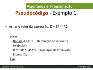 Pseudocódigo - Exemplo 1
• Achar o valor da expressão: D = B2 - 4AC.
Início
Declare A,B,C,D; { Declaração de variáveis }
Leia(A,B,C);
D B^2 - 4*A*C; { Operação de atribuição }
Escreva(D);
Fim.
Algoritmos e Programação
Docente Ricardo Castro setembro 2022
 