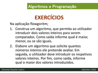 EXERCÍCIOS
Na aplicação flowgoritm;
1. Construa um algoritmo, que permita ao utilizador
introduzir dois valores inteiros para serem
comparados. Como saída informe qual é maior,
menor, ou se são iguais.
2. Elabore um algoritmo que solicite quantos
números inteiros ele pretende avaliar. Em
seguida, o utilizador deve introduzir os respetivos
valores inteiros. Por fim, como saída, informe
qual o maior dos valores introduzidos.
Algoritmos e Programação
Docente Ricardo Castro setembro 2022
 