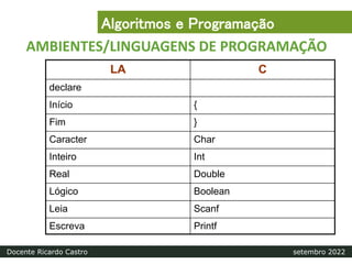 AMBIENTES/LINGUAGENS DE PROGRAMAÇÃO
LA C
declare
Início {
Fim }
Caracter Char
Inteiro Int
Real Double
Lógico Boolean
Leia Scanf
Escreva Printf
Algoritmos e Programação
Docente Ricardo Castro setembro 2022
 