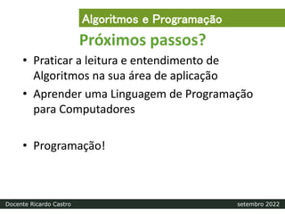 Próximos passos?
• Praticar a leitura e entendimento de
Algoritmos na sua área de aplicação
• Aprender uma Linguagem de Programação
para Computadores
• Programação!
Algoritmos e Programação
Docente Ricardo Castro setembro 2022
 