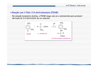 Profª Eleonora – Slide de aula
• Reação com 1-flúor-2,4-dinitrobenzeno (FDNB)
Em solução levemente alcalina, o FDNB reage com os α-aminoácidos para produzir
derivado do 2,4-dinitrofenil de cor amarela.
HF
+
NO2
NO2
F
COOHR
NH2
C
H
NO2
NO2
H C
NH
R
COOH
FDNB α- aminoácido
2,4-dinitrofenil-aminoácido
 