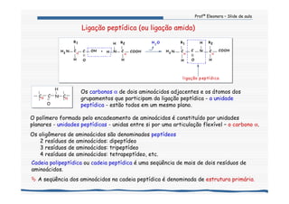 Profª Eleonora – Slide de aula
Ligação peptídica (ou ligação amida)
O polímero formado pelo encadeamento de aminoácidos é constituído por unidades
planares - unidades peptídicas - unidas entre si por uma articulação flexível – o carbono α.
Os oligômeros de aminoácidos são denominados peptídeos
2 resíduos de aminoácidos: dipeptídeo
3 resíduos de aminoácidos: tripeptídeo
4 resíduos de aminoácidos: tetrapeptídeo, etc.
Os carbonos α de dois aminoácidos adjacentes e os átomos dos
grupamentos que participam da ligação peptídica - a unidade
peptídica - estão todos em um mesmo plano.O
αC C
||
CN
H
α
ligação peptídica
H2
O
α
COOH
H
N C
R2
O
||
C
R1
CNH2
H H
α
HH
COOH
H
H N C
R2
+OH
O
||
C
R1
CNH2 αα
Cadeia polipeptídica ou cadeia peptídica é uma seqüência de mais de dois resíduos de
aminoácidos.
A seqüência dos aminoácidos na cadeia peptídica é denominada de estrutura primária.
 