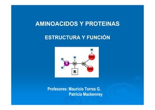 AMINOACIDOS Y PROTEINAS
ESTRUCTURA Y FUNCIÓN
Profesores: Mauricio Torres G.
Patricia Mackenney
 