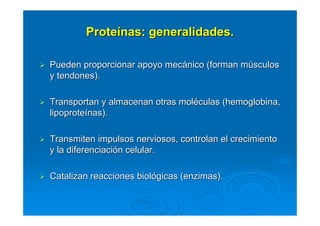 ProteProteíínas: generalidades.nas: generalidades.
Pueden proporcionar apoyo mecPueden proporcionar apoyo mecáánico (forman mnico (forman múúsculossculos
y tendones).y tendones).
Transportan y almacenan otras molTransportan y almacenan otras molééculas (hemoglobina,culas (hemoglobina,
lipoprotelipoproteíínas).nas).
Transmiten impulsos nerviosos, controlan el crecimientoTransmiten impulsos nerviosos, controlan el crecimiento
y la diferenciaciy la diferenciacióón celular.n celular.
Catalizan reacciones biolCatalizan reacciones biolóógicas (enzimas).gicas (enzimas).
 