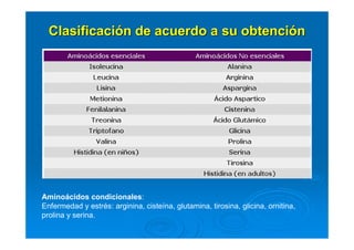 ClasificaciClasificacióón de acuerdo a su obtencin de acuerdo a su obtencióónn
Aminoácidos condicionales:
Enfermedad y estrés: arginina, cisteína, glutamina, tirosina, glicina, ornitina,
prolina y serina.
 