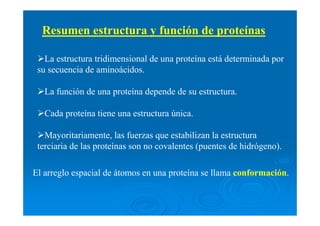 Resumen estructura y función de proteínas
La estructura tridimensional de una proteína está determinada por
su secuencia de aminoácidos.
La función de una proteína depende de su estructura.
Cada proteína tiene una estructura única.
Mayoritariamente, las fuerzas que estabilizan la estructura
terciaria de las proteínas son no covalentes (puentes de hidrógeno).
El arreglo espacial de átomos en una proteína se llama conformación.
 