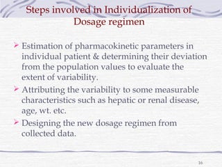 Steps involved in Individualization of
              Dosage regimen

 Estimation of pharmacokinetic parameters in
  indiv...
