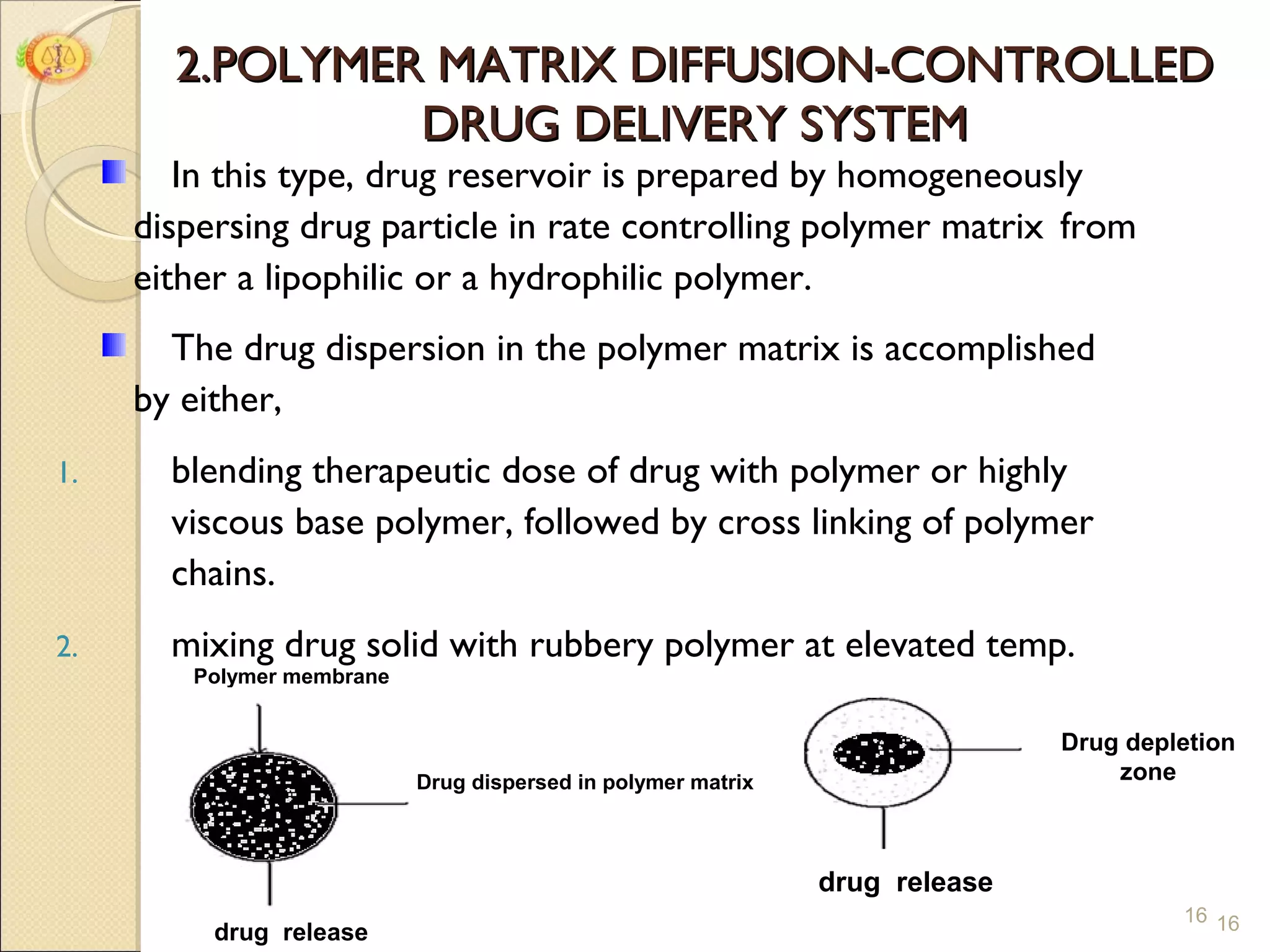 2.POLYMER MATRIX DIFFUSION-CONTROLLED
                DRUG DELIVERY SYSTEM
        In this type, drug reservoir is prepared by homogeneously
     dispersing drug particle in rate controlling polymer matrix from
     either a lipophilic or a hydrophilic polymer.
       The drug dispersion in the polymer matrix is accomplished
     by either,
1.     blending therapeutic dose of drug with polymer or highly
       viscous base polymer, followed by cross linking of polymer
       chains.
2.     mixing drug solid with rubbery polymer at elevated temp.
        Polymer membrane


                                                                             Drug depletion
                           Drug dispersed in polymer matrix                      zone



                                                              drug release
                                                                                      16 16
          drug release
 