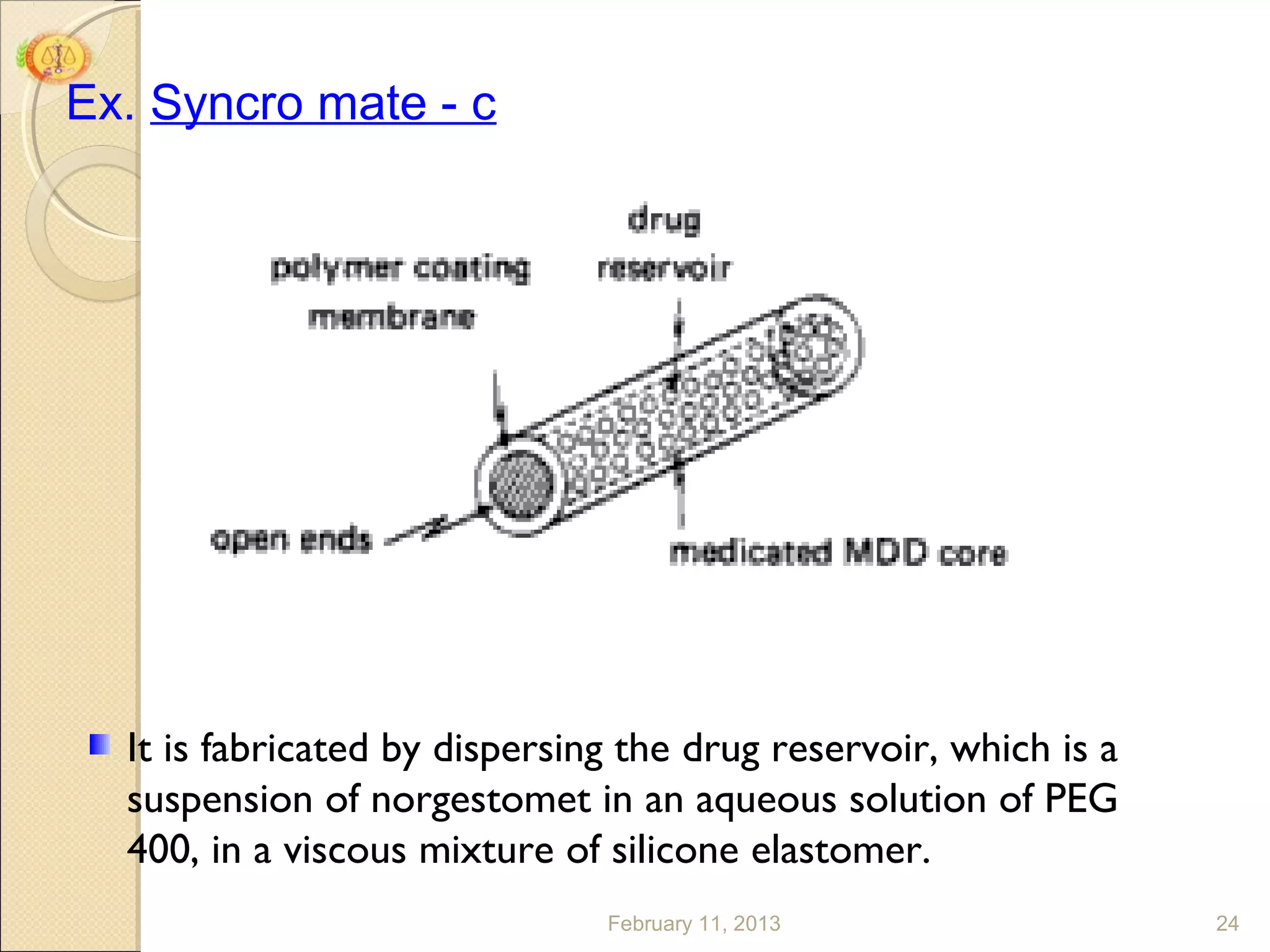 Ex. Syncro mate - c




  It is fabricated by dispersing the drug reservoir, which is a
  suspension of norgestomet in an aqueous solution of PEG
  400, in a viscous mixture of silicone elastomer.
                               February 11, 2013                  24
 
