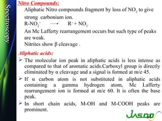 Spectroscopy
Spectroscopy   Nitro Compounds:
                  Aliphatic Nitro compounds fragment by loss of NO2 to give
 ...