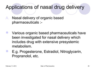 Applications of nasal drug delivery

A. Nasal delivery of organic based
   pharmaceuticals :-

 Various organic based pha...
