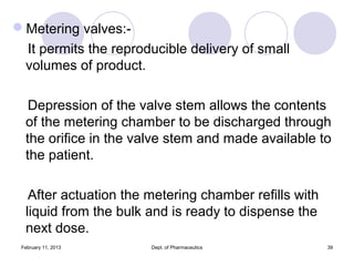 Metering valves:-
 It permits the reproducible delivery of small
 volumes of product.

   Depression of the valve stem al...