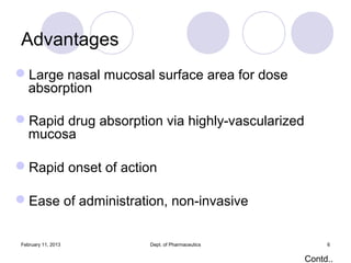 Advantages
Large nasal mucosal surface area for dose
 absorption

Rapid drug absorption via highly-vascularized
 mucosa
...