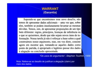 Nota: Refere-se ao desafio de justificar a alegação (claim) por
meio dos dados.
“Os usos do argumento”, Stephen Toulmin, 1958
 
