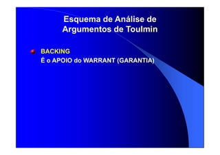 Esquema de Análise de
Argumentos de Toulmin
BACKING
É o APOIO do WARRANT (GARANTIA)
 