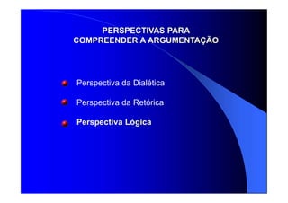 PERSPECTIVAS PARA
COMPREENDER A ARGUMENTAÇÃO
Perspectiva da Dialética
Perspectiva da Retórica
Perspectiva Lógica
 