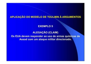 APLICAÇÃO DO MODELO DE TOULMIN À ARGUMENTOS
EXEMPLO 5
ALEGAÇÃO (CLAIM)
Os EUA devem responder ao uso de armas químicas de
Assad com um ataque militar direcionado.
 