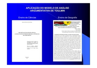 APLICAÇÃO DO MODELO DE ANÁLISE
ARGUMENTATIVA DE TOULMIN
Ensino de Ciências Ensino de Geografia
 