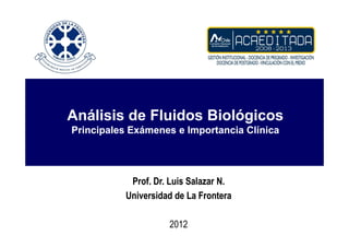 Análisis de Fluidos Biológicos
Principales Exámenes e Importancia Clínica




           Prof. Dr. Luis Salazar N.
          Universidad de La Frontera

                    2012
 