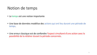 Notion de temps
• Le temps est une notion importante
• Une base de données modélise des actions qui ont lieu durant une période de
temps.
• Une erreur classique est de confondre l’aspect simultané d’une action avec la
possibilité de la réitérer durant la période concernée.
11
 