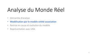 Analyse du Monde Réel
• Démarche d’analyse
• Modélisation par le modèle entité-association
• Remise en cause et évolution du modèle
• Représentation avec UML
17
 