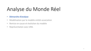 Analyse du Monde Réel
• Démarche d’analyse
• Modélisation par le modèle entité-association
• Remise en cause et évolution du modèle
• Représentation avec UML
4
 